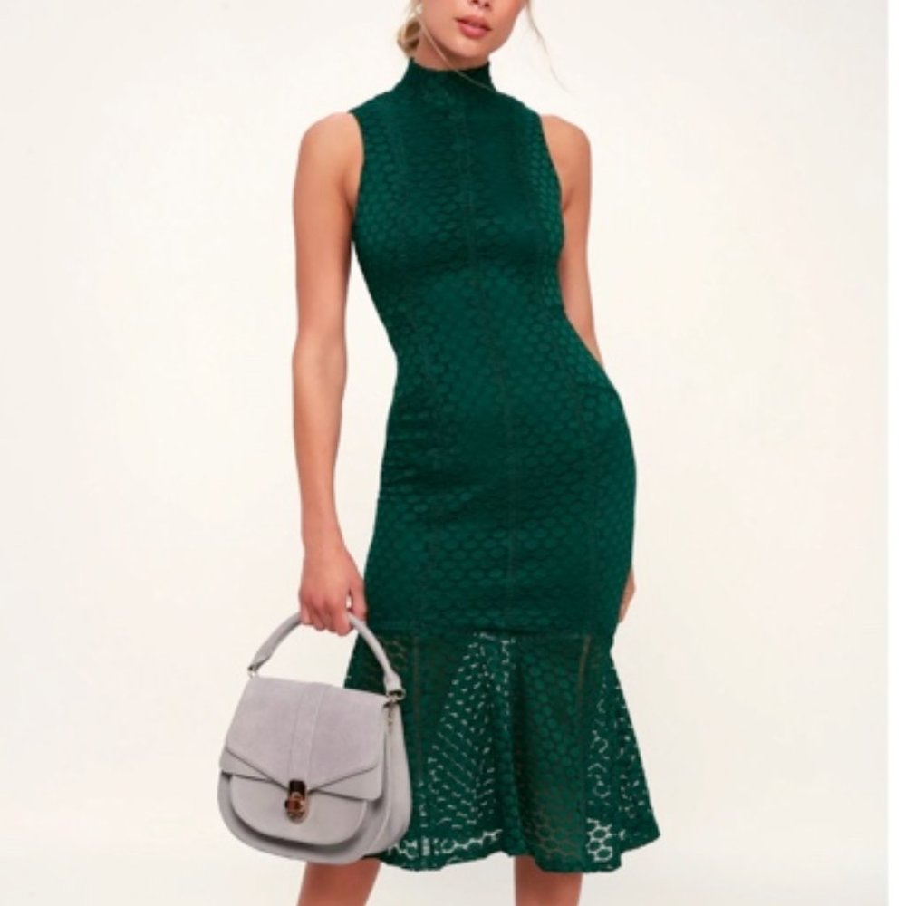 All the Way Up Forest Green Lace Midi Dress Small